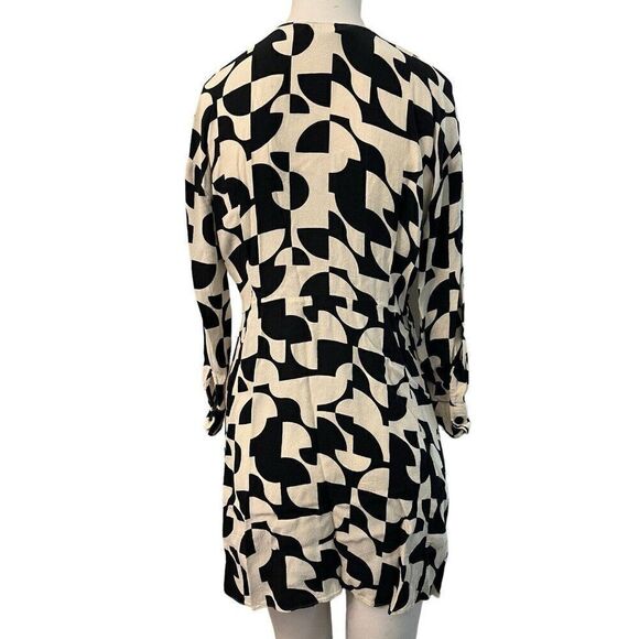 ZARA XS Black White Geometric Print Dress Baby Doll Button Front - Picture 2 of 5